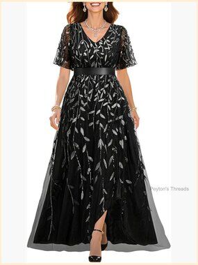 Plus Size Sequin Embroidery V-Neck Prom Long Dress with Slit